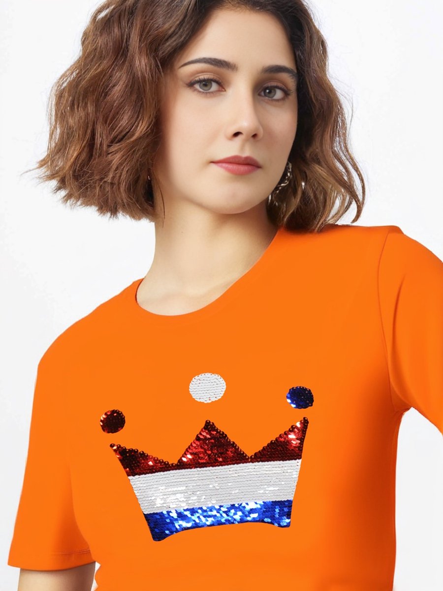 Dames Slim fit T-shirt Nederlandse vlag Kroontje met magic sequence | koningsdag kleding| Holland | EK-WK-Olympische Spelen | Oranje | maat XXS/164